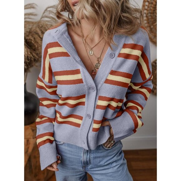 Women's Striped Cotton Cropped Cardigan Sweater Light Layer Casual Chic - Picture 4 of 5